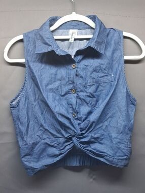Shun Bo Blue Denim Sleeveless Crop Top Knot-Front Womens MEDIUM (M)